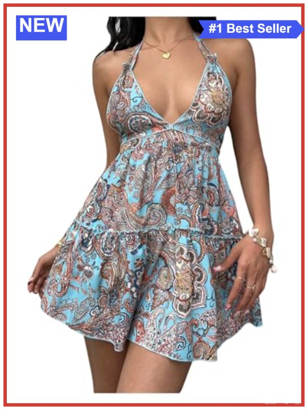 Women's Boho Paisley Halter Tie Back Backless Ruffle Mini Dress Summer Casual